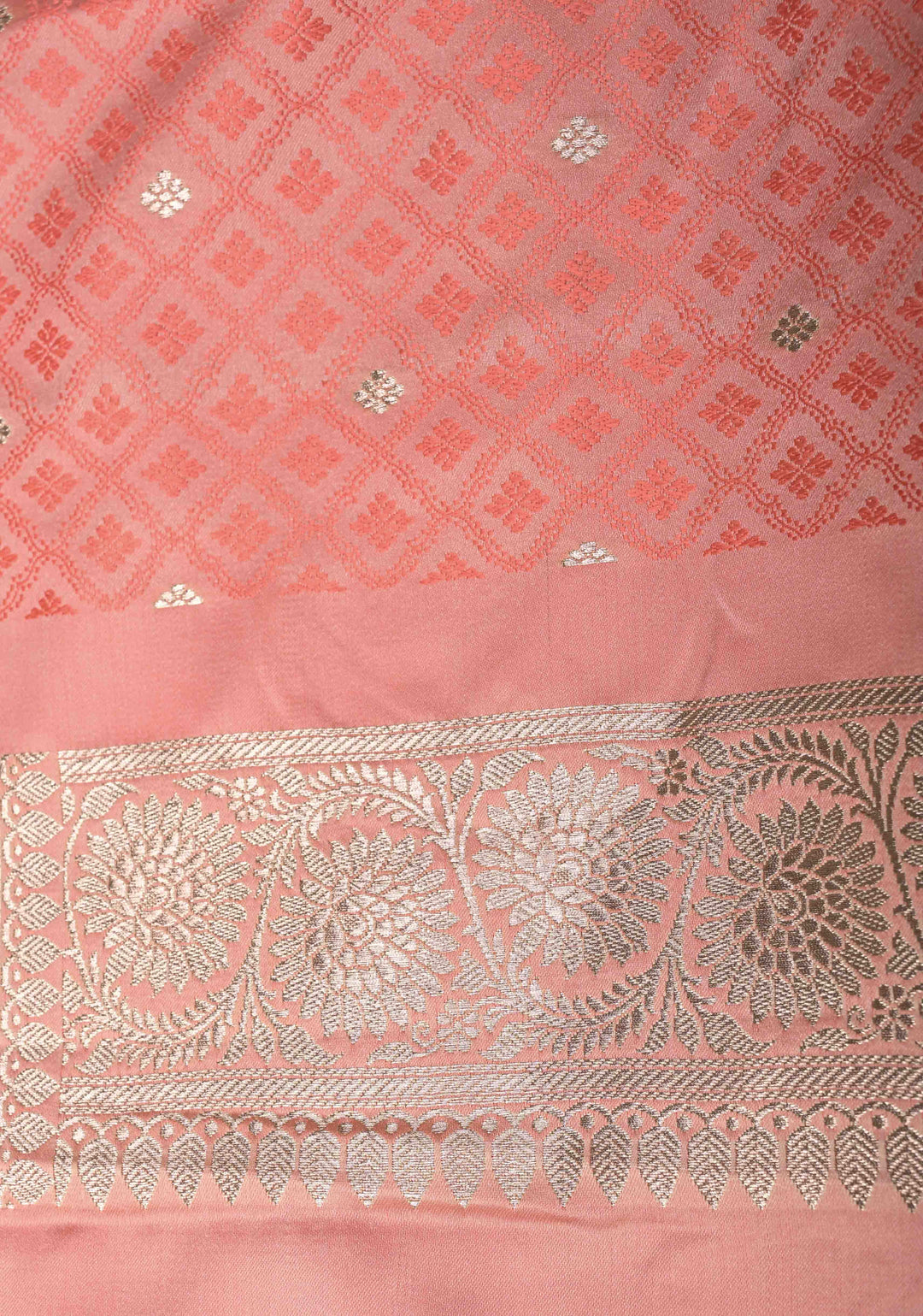 Flamingo Pink Banarasi Semi Mashru Silk Saree with Floral Jaal and Zari Border