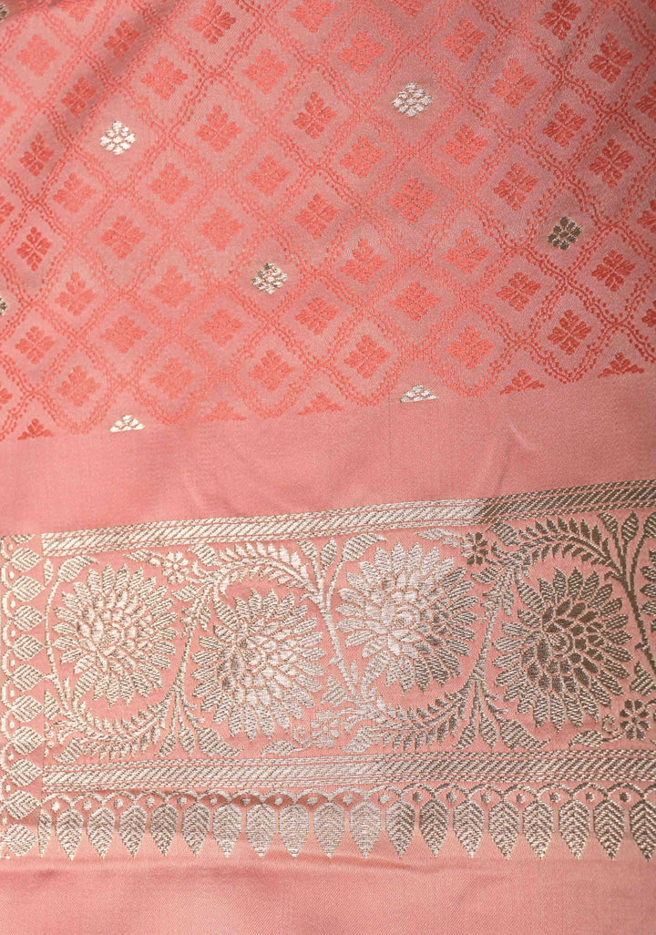 Flamingo Pink Banarasi Semi Mashru Silk Saree with Floral Jaal and Zari Border
