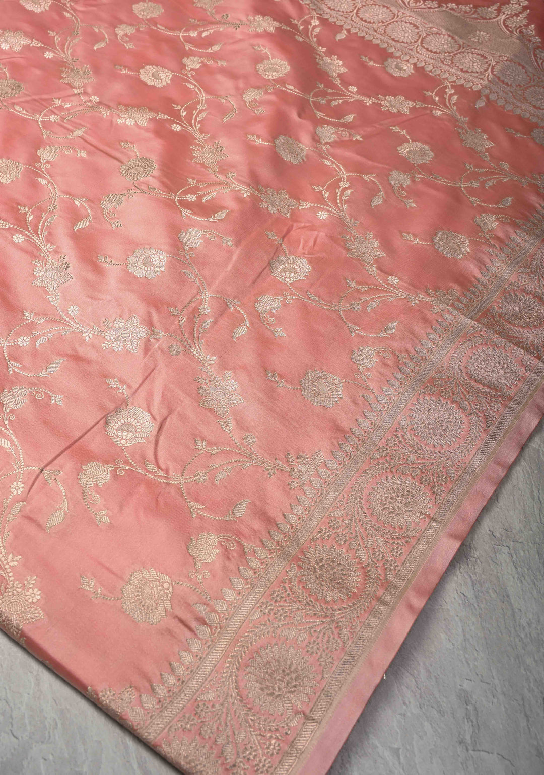 Flamingo Pink Banarasi Semi Mashru Silk Saree with Floral Jaal and Zari Border