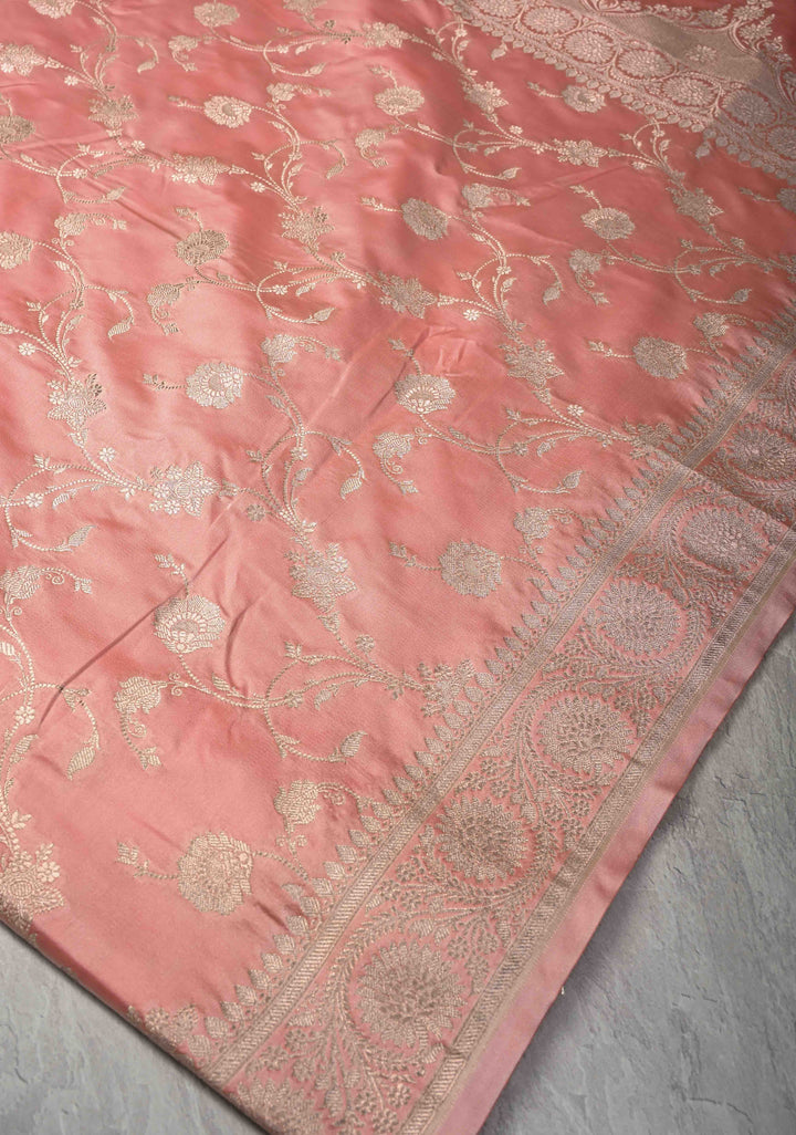 Flamingo Pink Banarasi Semi Mashru Silk Saree with Floral Jaal and Zari Border