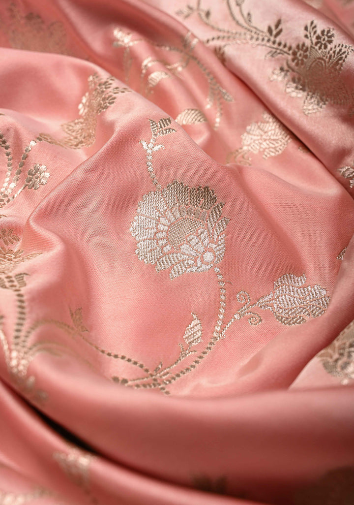Flamingo Pink Banarasi Semi Mashru Silk Saree with Floral Jaal and Zari Border