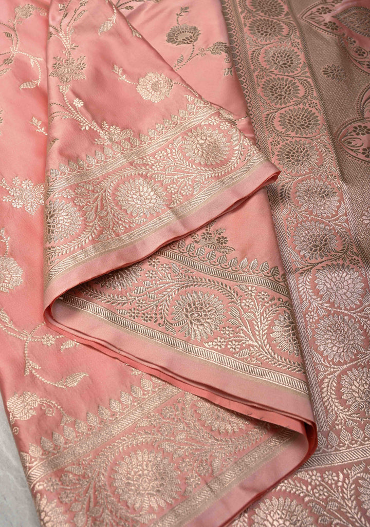 Flamingo Pink Banarasi Semi Mashru Silk Saree with Floral Jaal and Zari Border