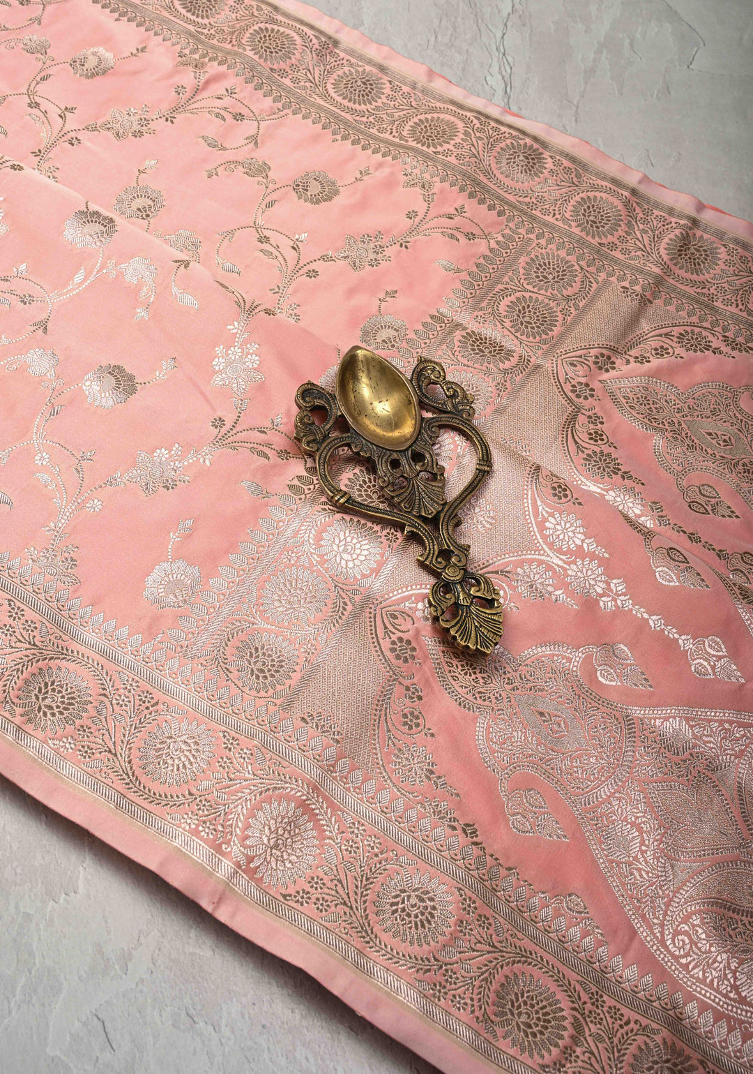 Flamingo Pink Banarasi Semi Mashru Silk Saree with Floral Jaal and Zari Border