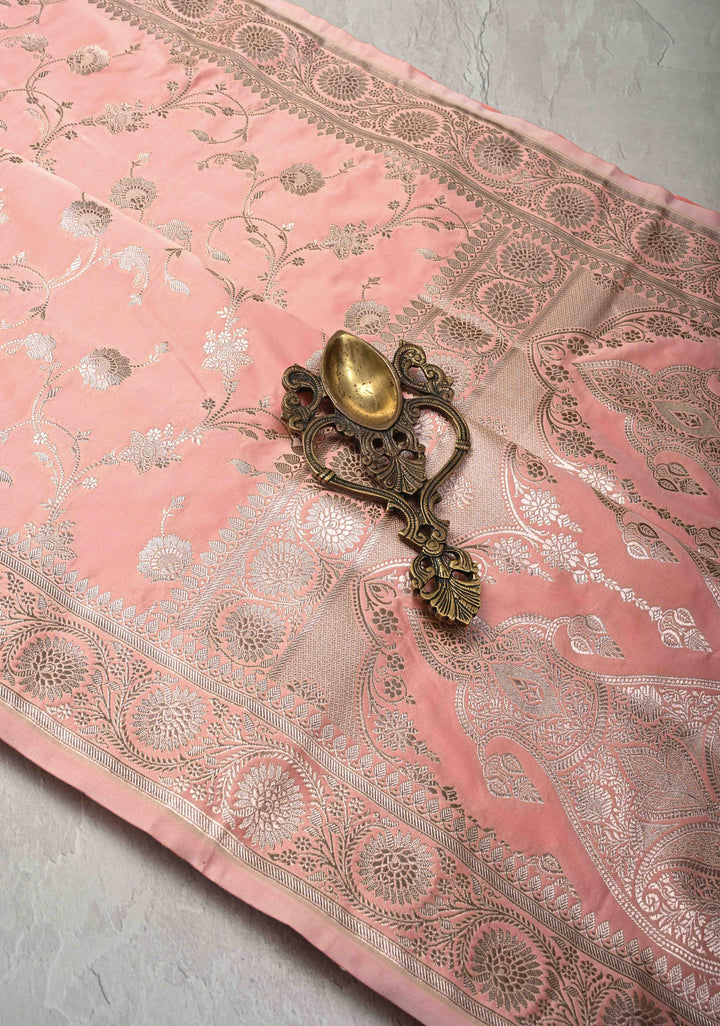 Flamingo Pink Banarasi Semi Mashru Silk Saree with Floral Jaal and Zari Border