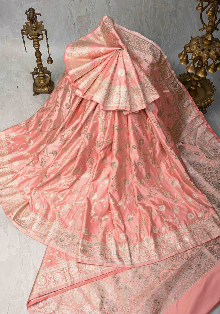 Flamingo Pink Banarasi Semi Mashru Silk Saree with Floral Jaal and Zari Border