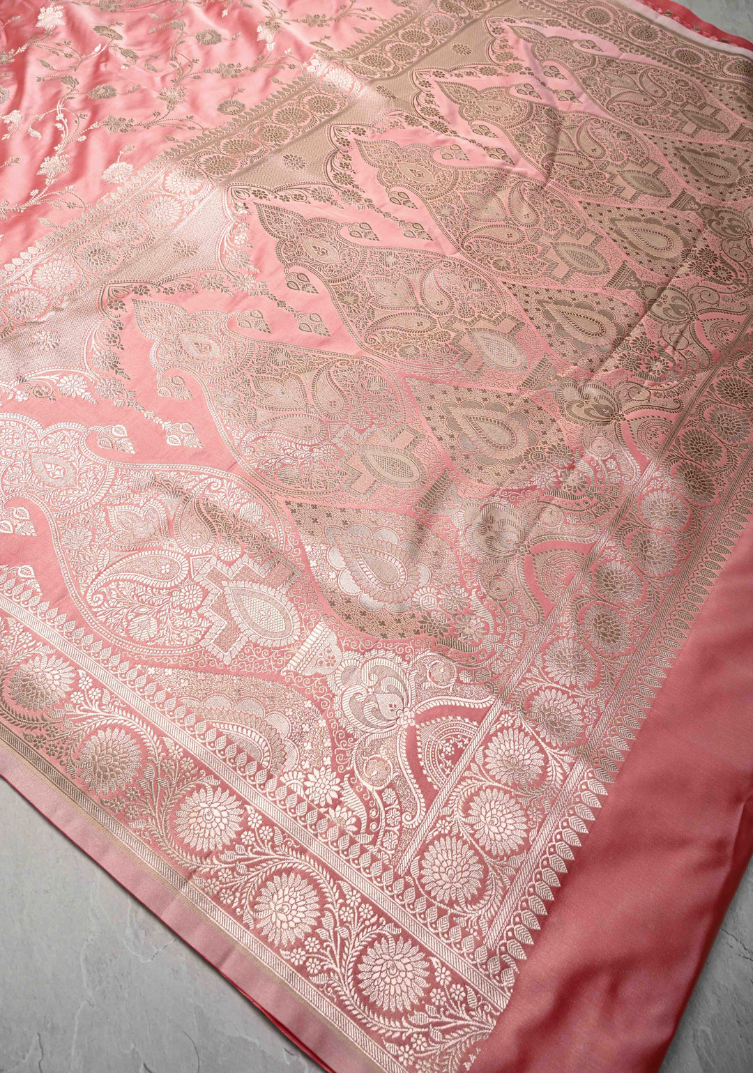 Rose Pink Banarasi Semi Mashru Silk Saree with Floral Jaal and Zari Border