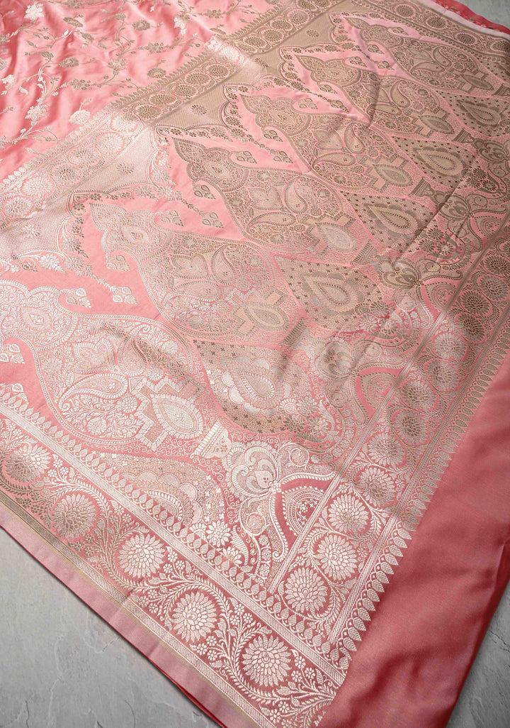 Rose Pink Banarasi Semi Mashru Silk Saree with Floral Jaal and Zari Border