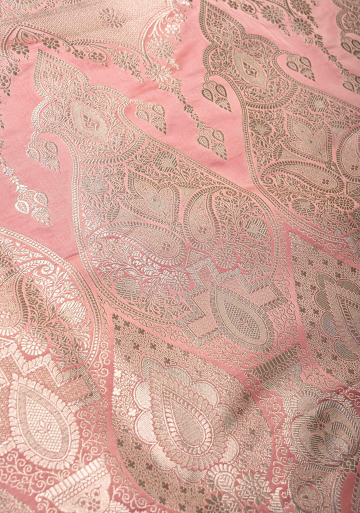 Rose Pink Banarasi Semi Mashru Silk Saree with Floral Jaal and Zari Border