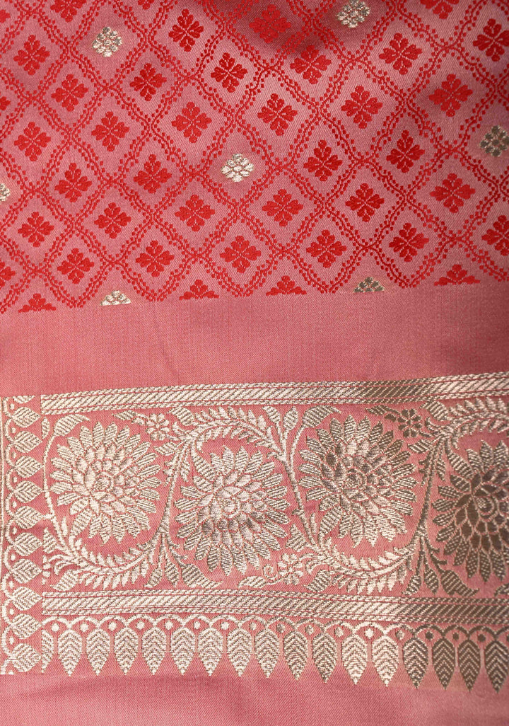 Rose Pink Banarasi Semi Mashru Silk Saree with Floral Jaal and Zari Border