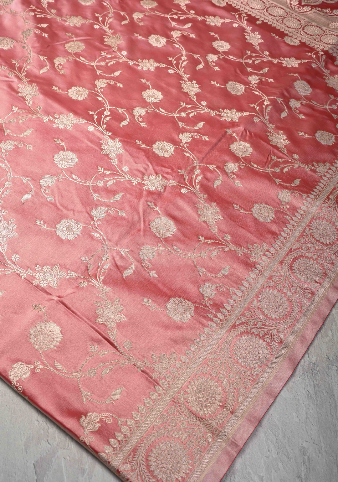Rose Pink Banarasi Semi Mashru Silk Saree with Floral Jaal and Zari Border