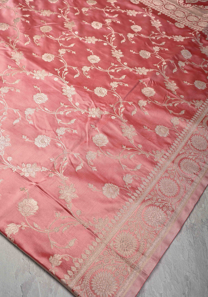 Rose Pink Banarasi Semi Mashru Silk Saree with Floral Jaal and Zari Border