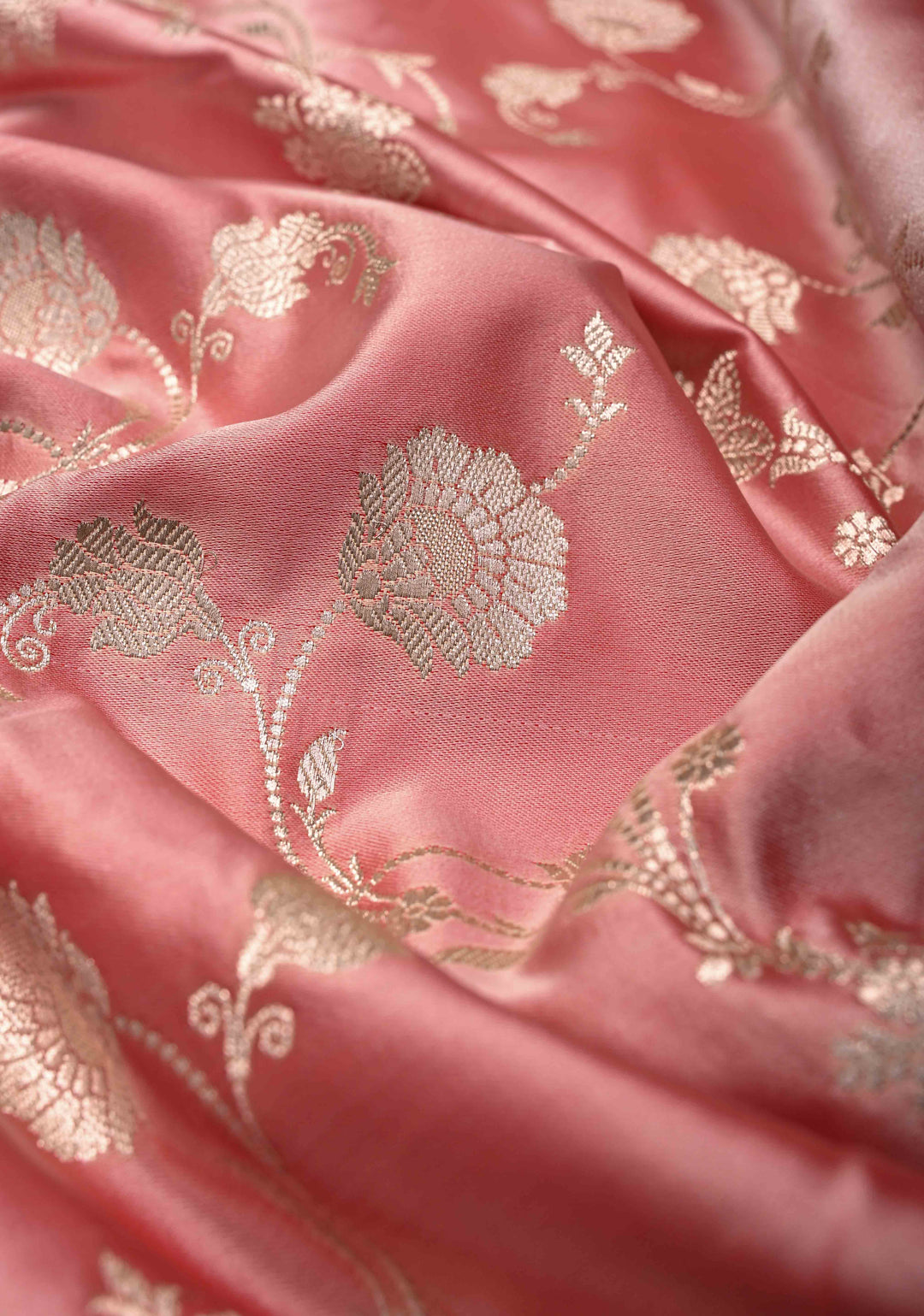 Rose Pink Banarasi Semi Mashru Silk Saree with Floral Jaal and Zari Border