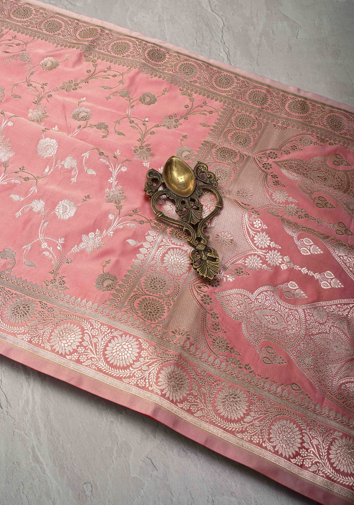 Rose Pink Banarasi Semi Mashru Silk Saree with Floral Jaal and Zari Border