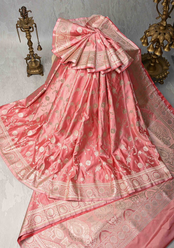 Rose Pink Banarasi Semi Mashru Silk Saree with Floral Jaal and Zari Border