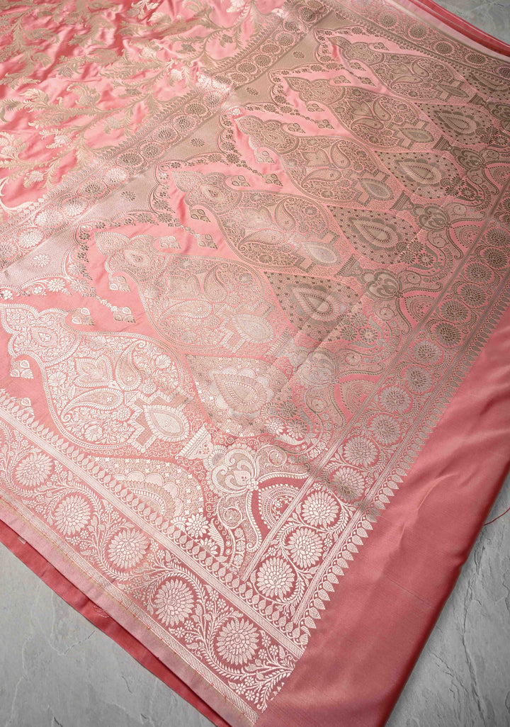 Rose Pink Banarasi Semi Mashru Silk Saree with Floral Jaal and Zari Border