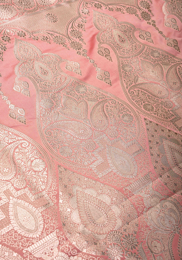 Rose Pink Banarasi Semi Mashru Silk Saree with Floral Jaal and Zari Border