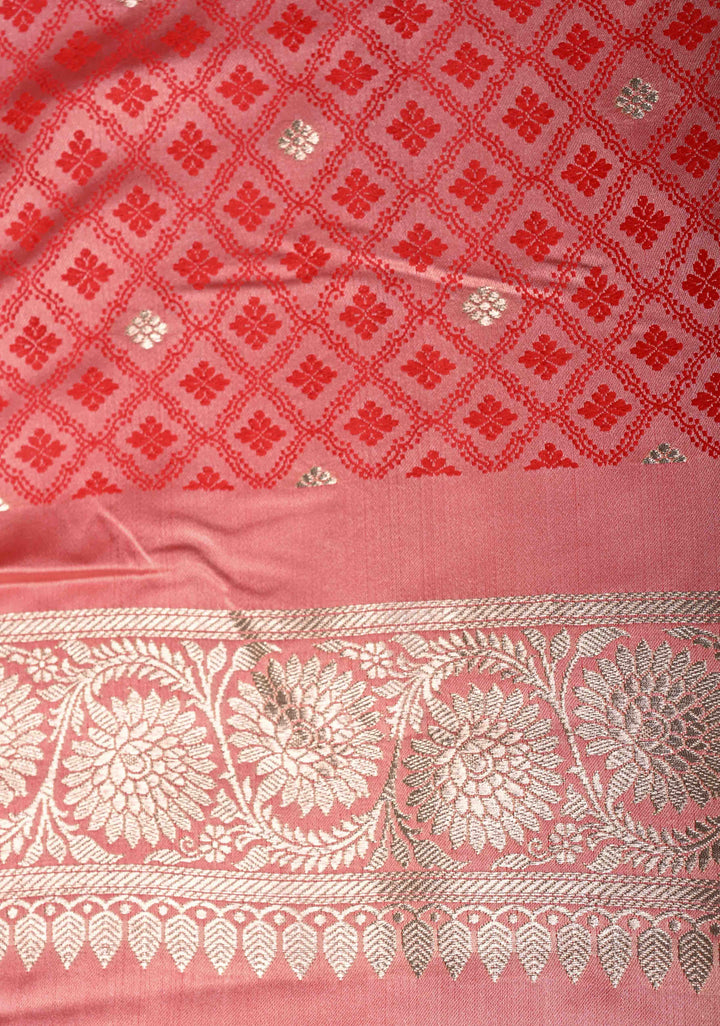 Rose Pink Banarasi Semi Mashru Silk Saree with Floral Jaal and Zari Border