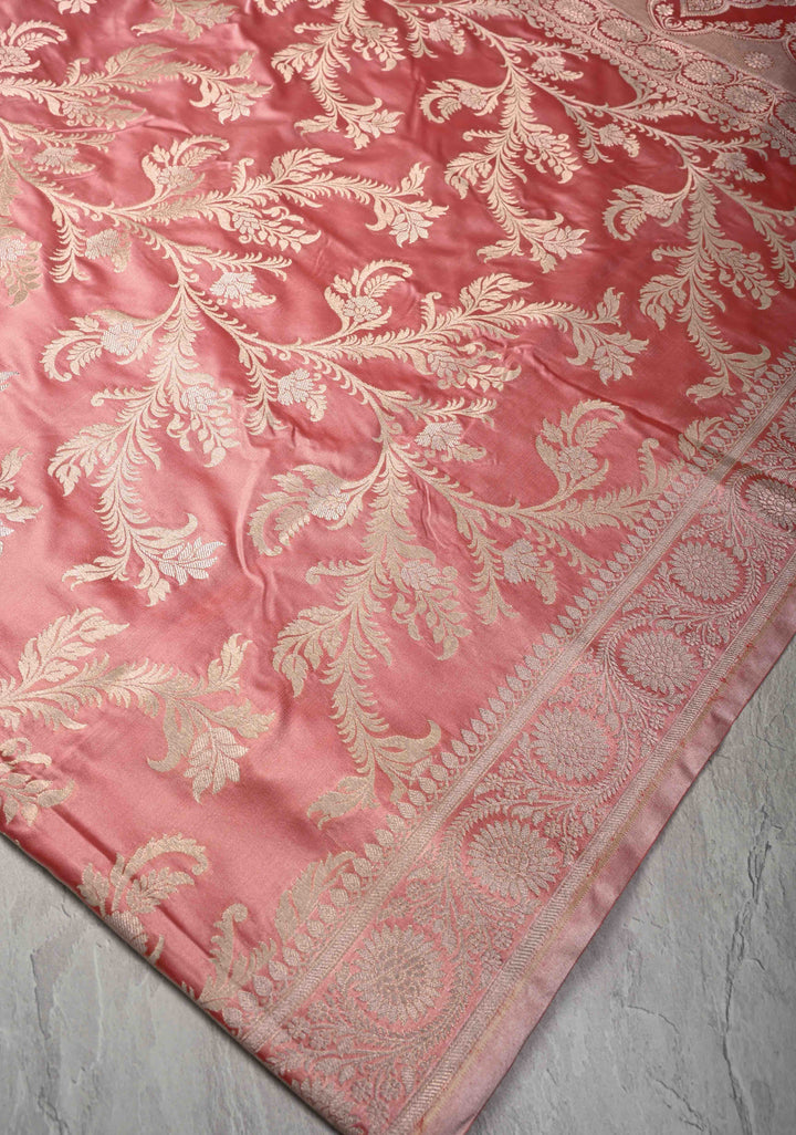 Rose Pink Banarasi Semi Mashru Silk Saree with Floral Jaal and Zari Border