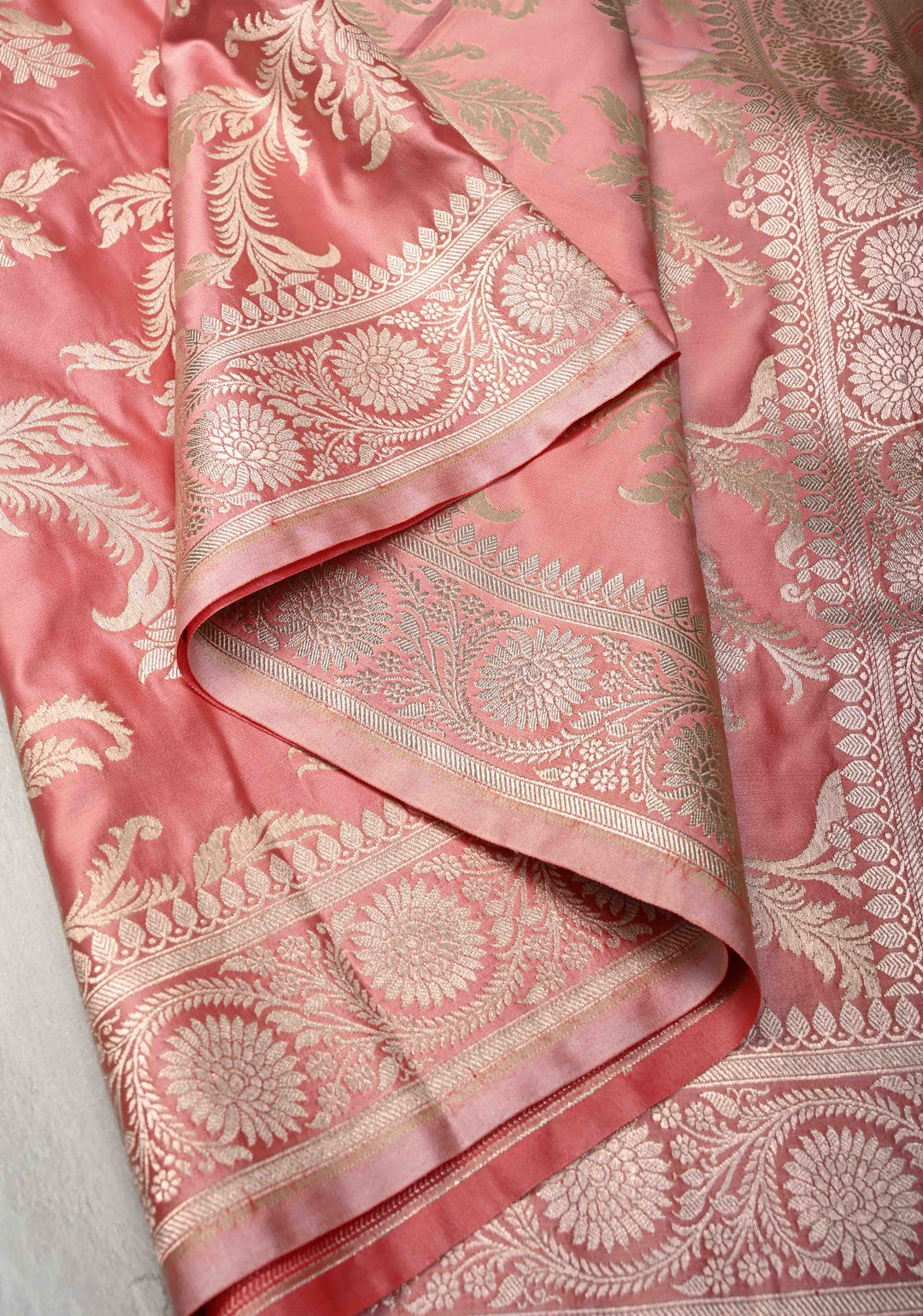 Rose Pink Banarasi Semi Mashru Silk Saree with Floral Jaal and Zari Border
