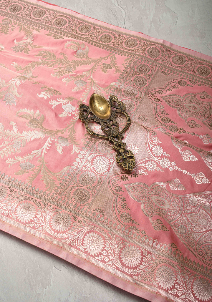 Rose Pink Banarasi Semi Mashru Silk Saree with Floral Jaal and Zari Border