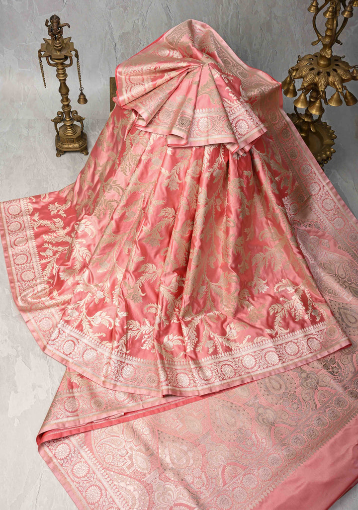 Rose Pink Banarasi Semi Mashru Silk Saree with Floral Jaal and Zari Border