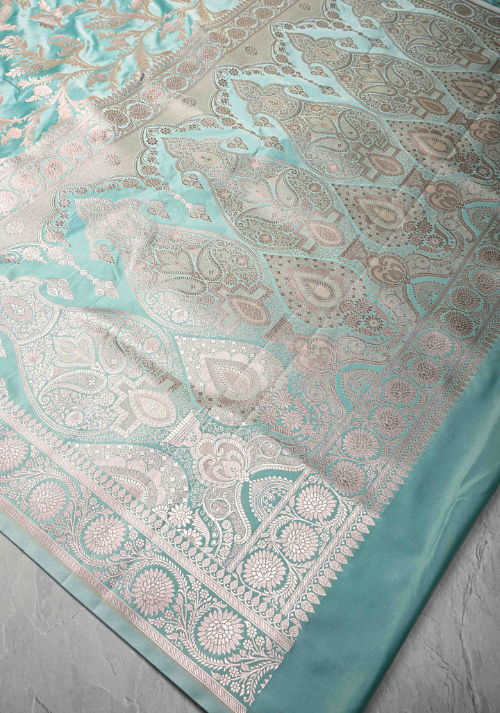 Mint Green Banarasi Semi Mashru Silk Saree with Floral Jaal and Zari Border