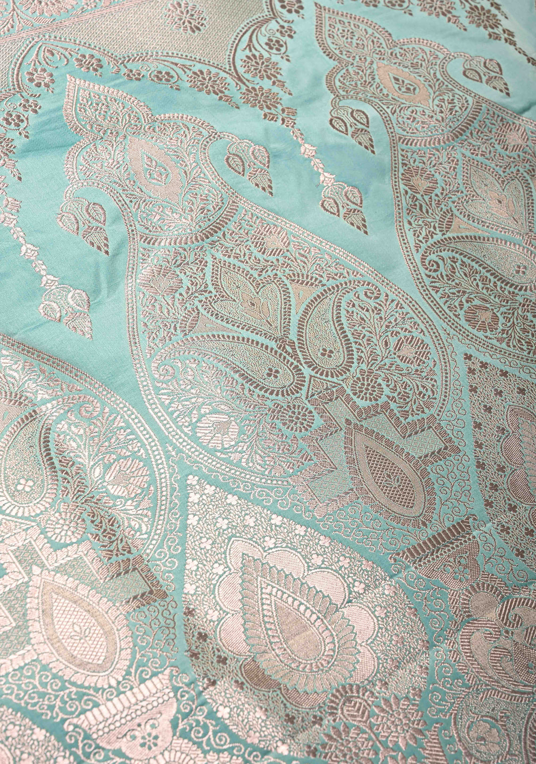 Mint Green Banarasi Semi Mashru Silk Saree with Floral Jaal and Zari Border