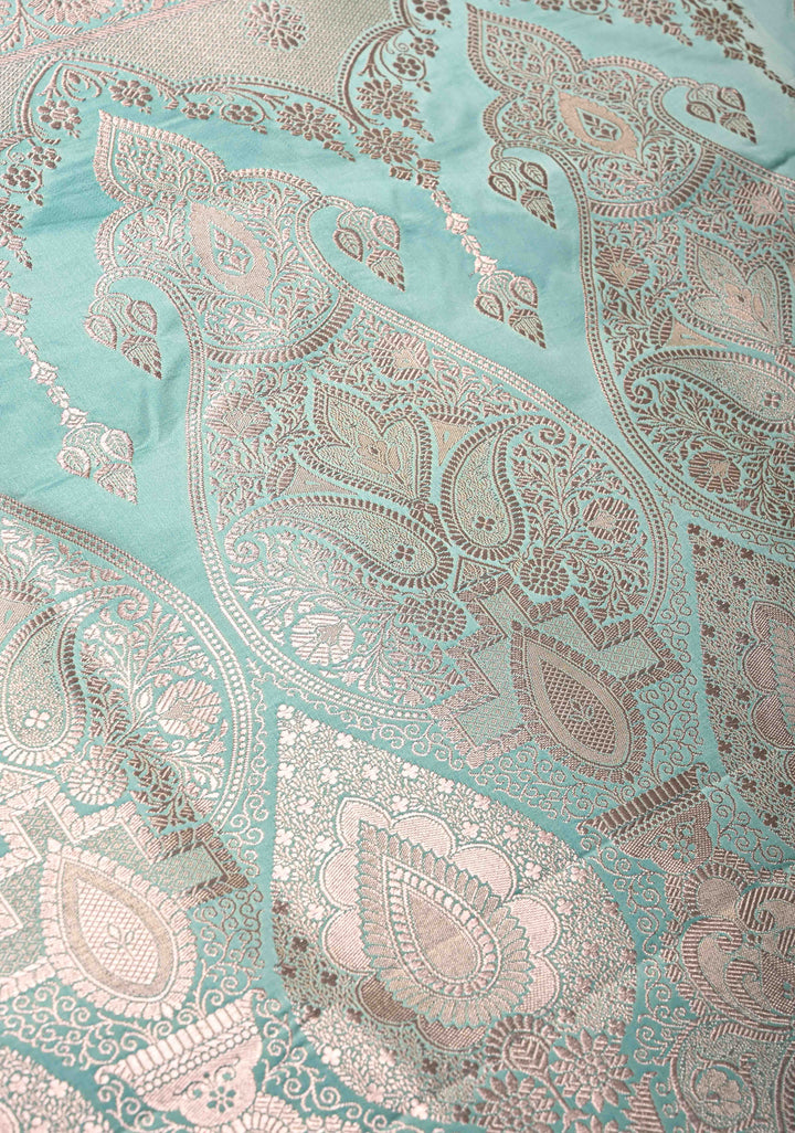 Mint Green Banarasi Semi Mashru Silk Saree with Floral Jaal and Zari Border