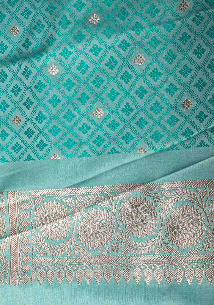 Mint Green Banarasi Semi Mashru Silk Saree with Floral Jaal and Zari Border