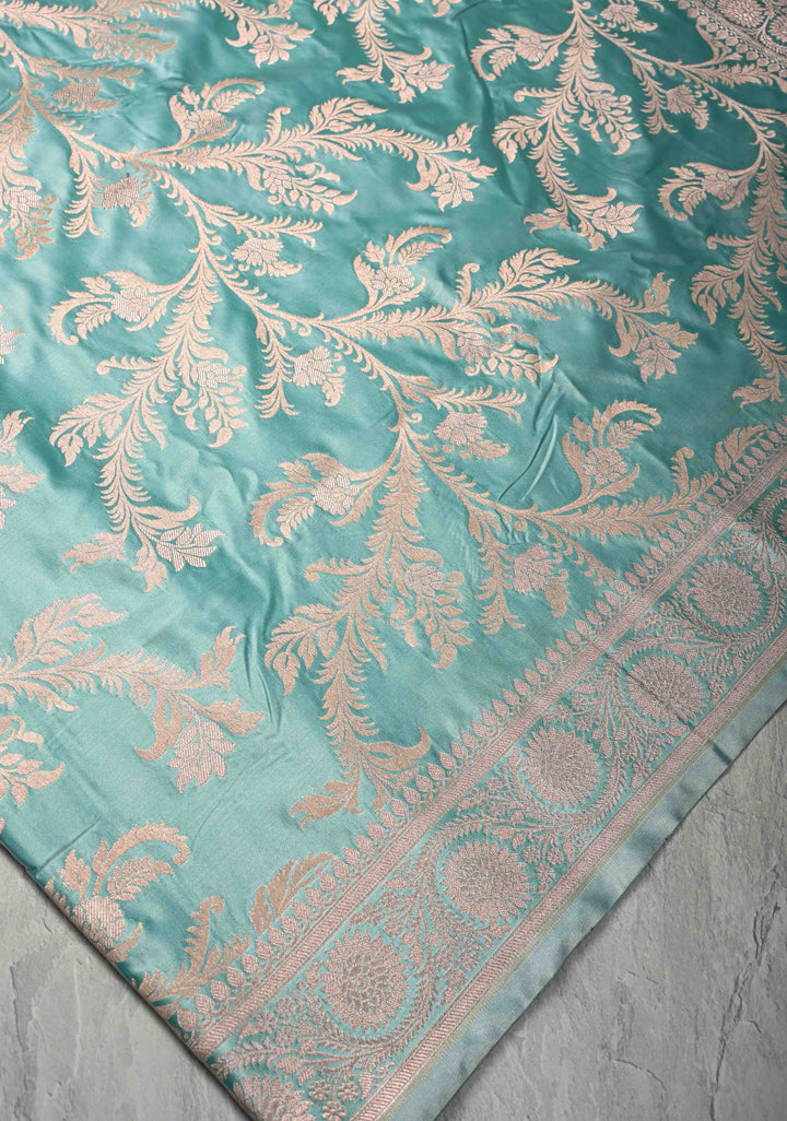 Mint Green Banarasi Semi Mashru Silk Saree with Floral Jaal and Zari Border