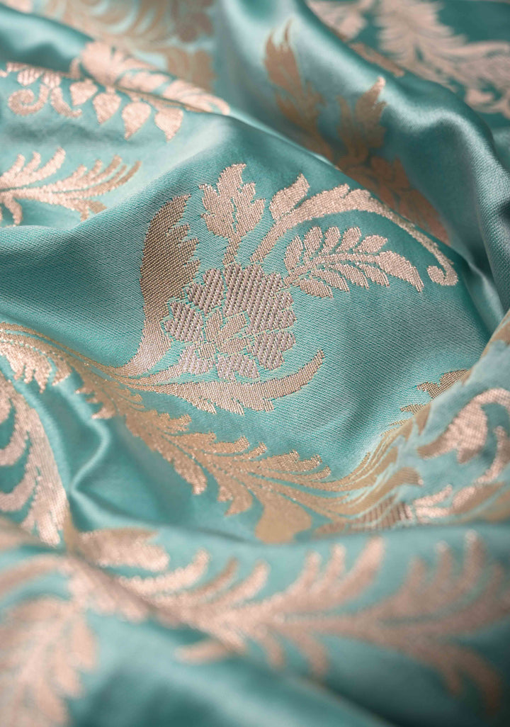 Mint Green Banarasi Semi Mashru Silk Saree with Floral Jaal and Zari Border