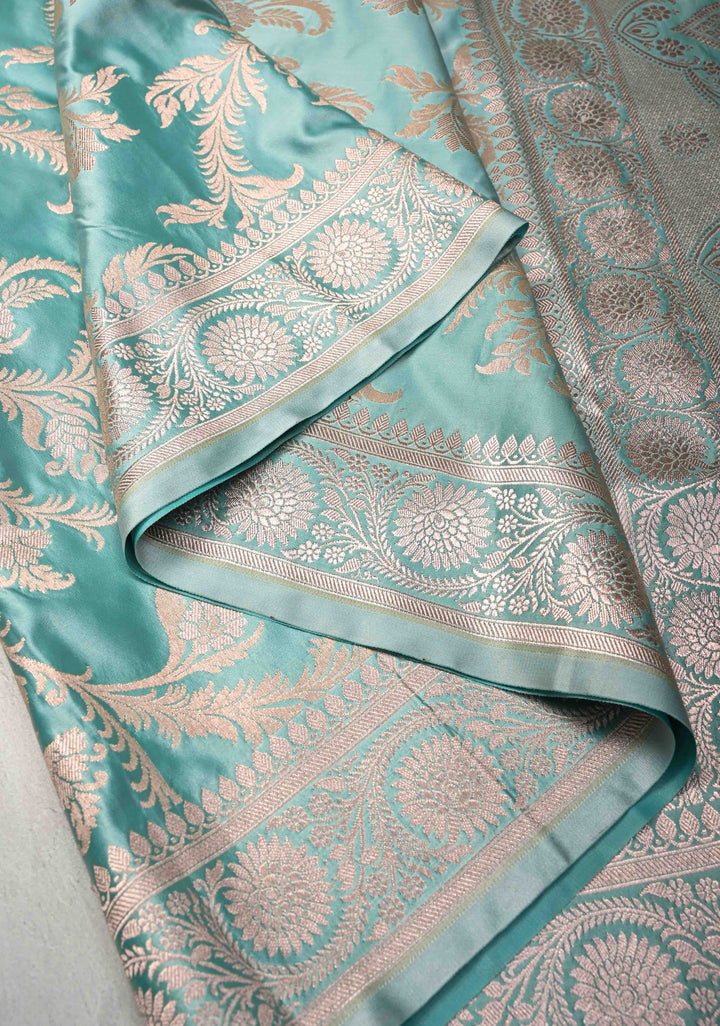 Mint Green Banarasi Semi Mashru Silk Saree with Floral Jaal and Zari Border