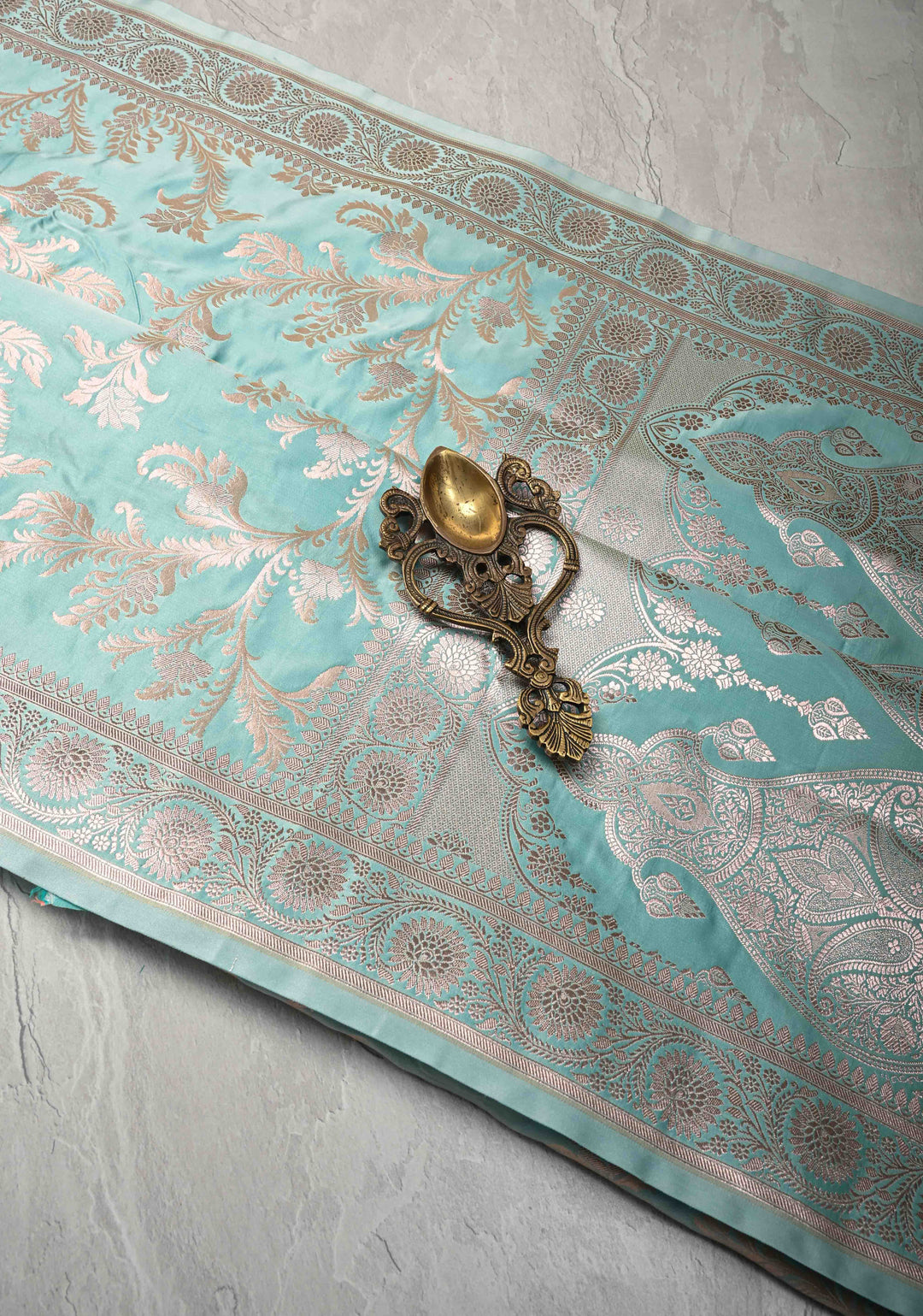Mint Green Banarasi Semi Mashru Silk Saree with Floral Jaal and Zari Border