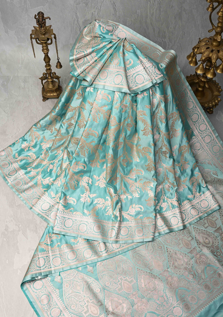 Mint Green Banarasi Semi Mashru Silk Saree with Floral Jaal and Zari Border