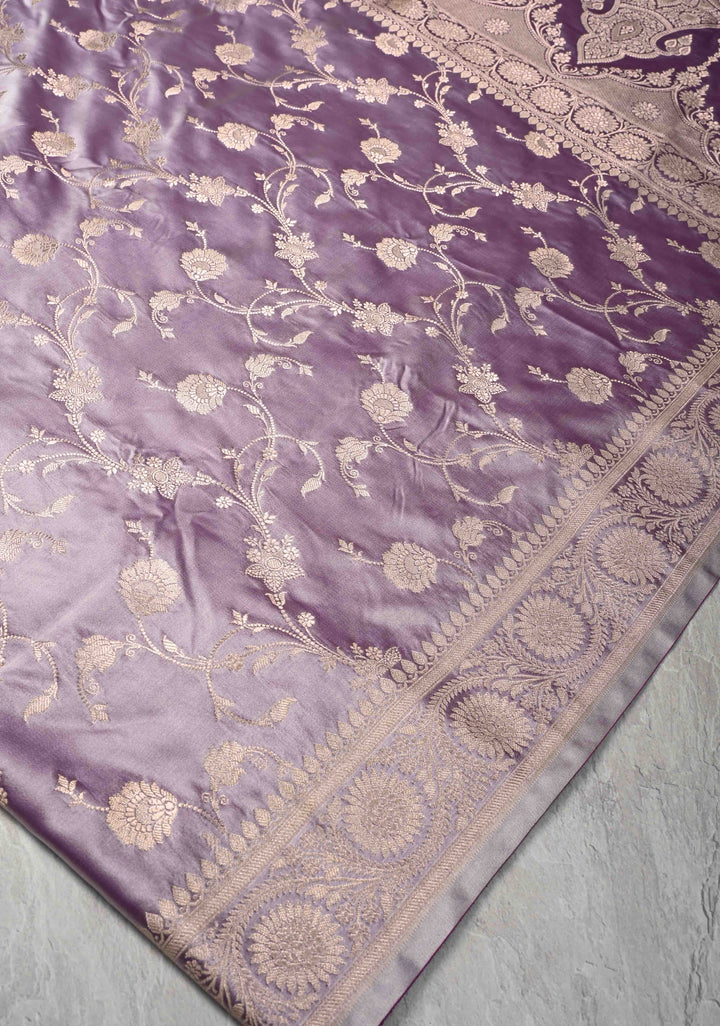 Opera Mauve Banarasi Semi Mashru Silk Saree with Floral Jaal and Zari Border