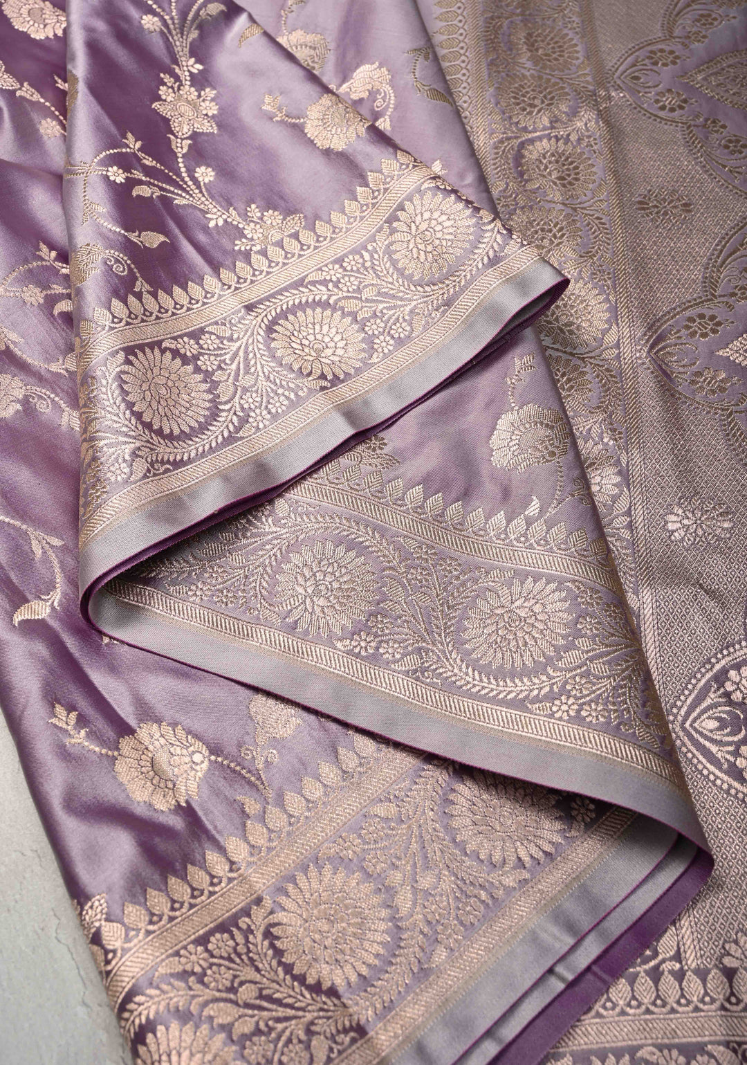 Opera Mauve Banarasi Semi Mashru Silk Saree with Floral Jaal and Zari Border