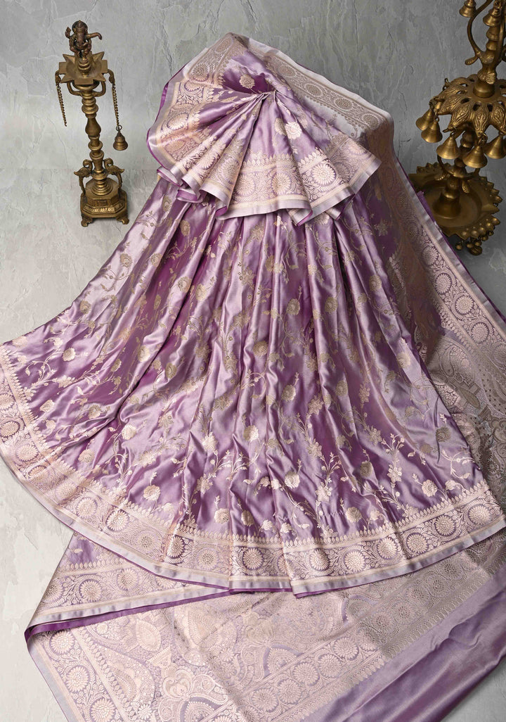 Opera Mauve Banarasi Semi Mashru Silk Saree with Floral Jaal and Zari Border