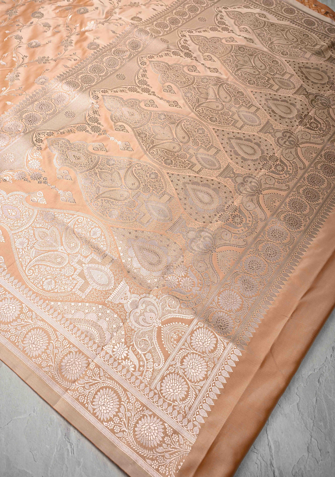 Apricot Banarasi Semi Mashru Silk Saree with Floral Jaal and Zari Border