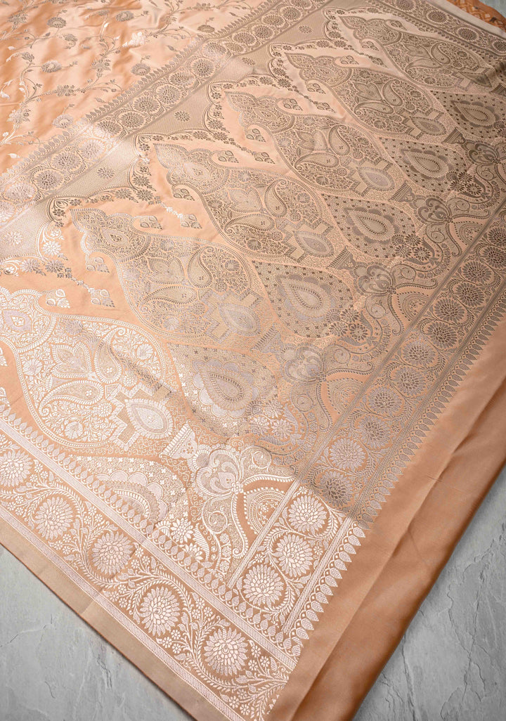 Apricot Banarasi Semi Mashru Silk Saree with Floral Jaal and Zari Border