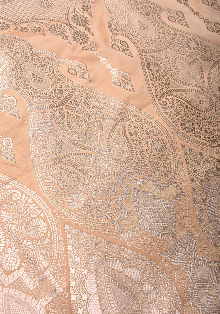 Apricot Banarasi Semi Mashru Silk Saree with Floral Jaal and Zari Border