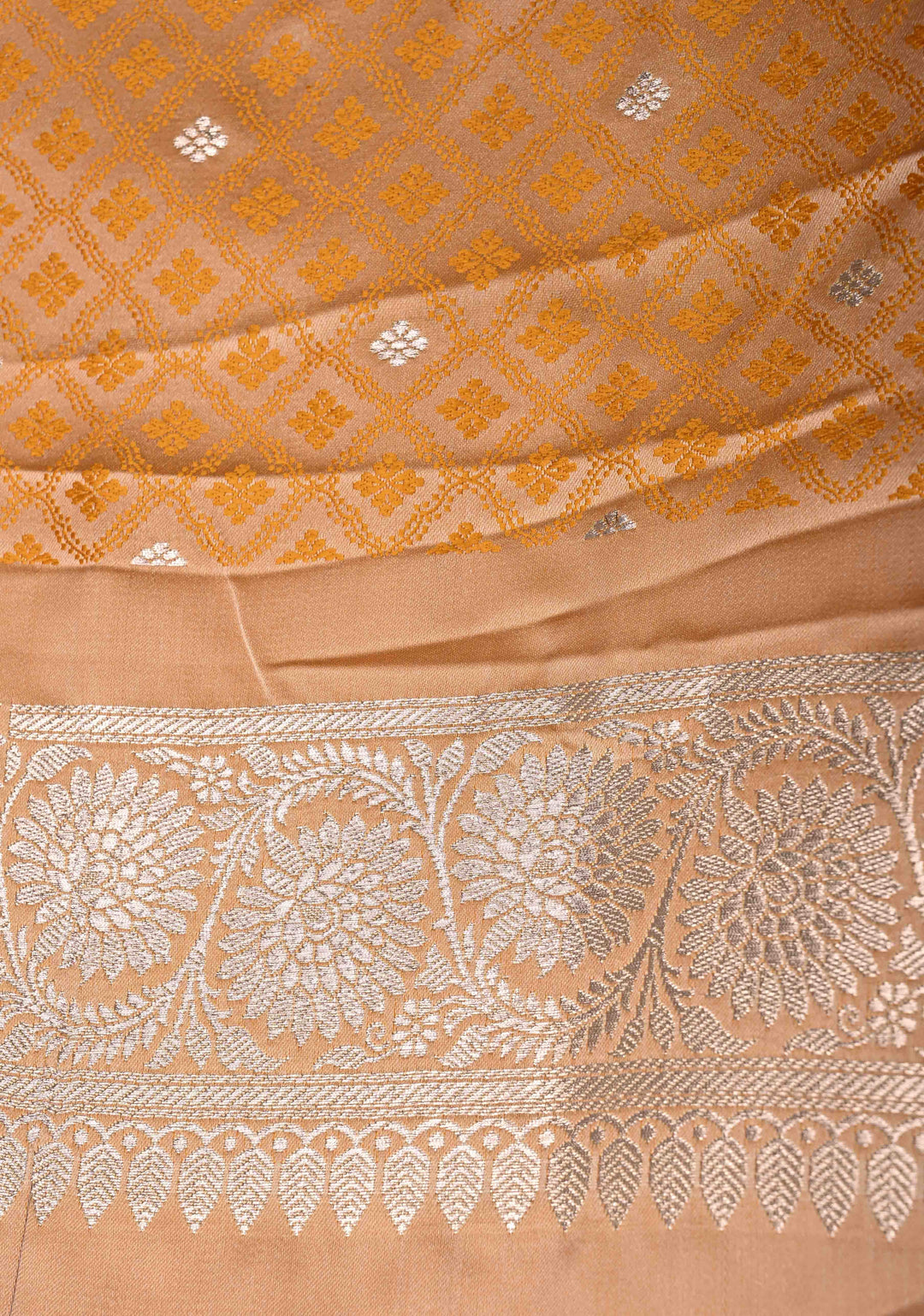 Apricot Banarasi Semi Mashru Silk Saree with Floral Jaal and Zari Border
