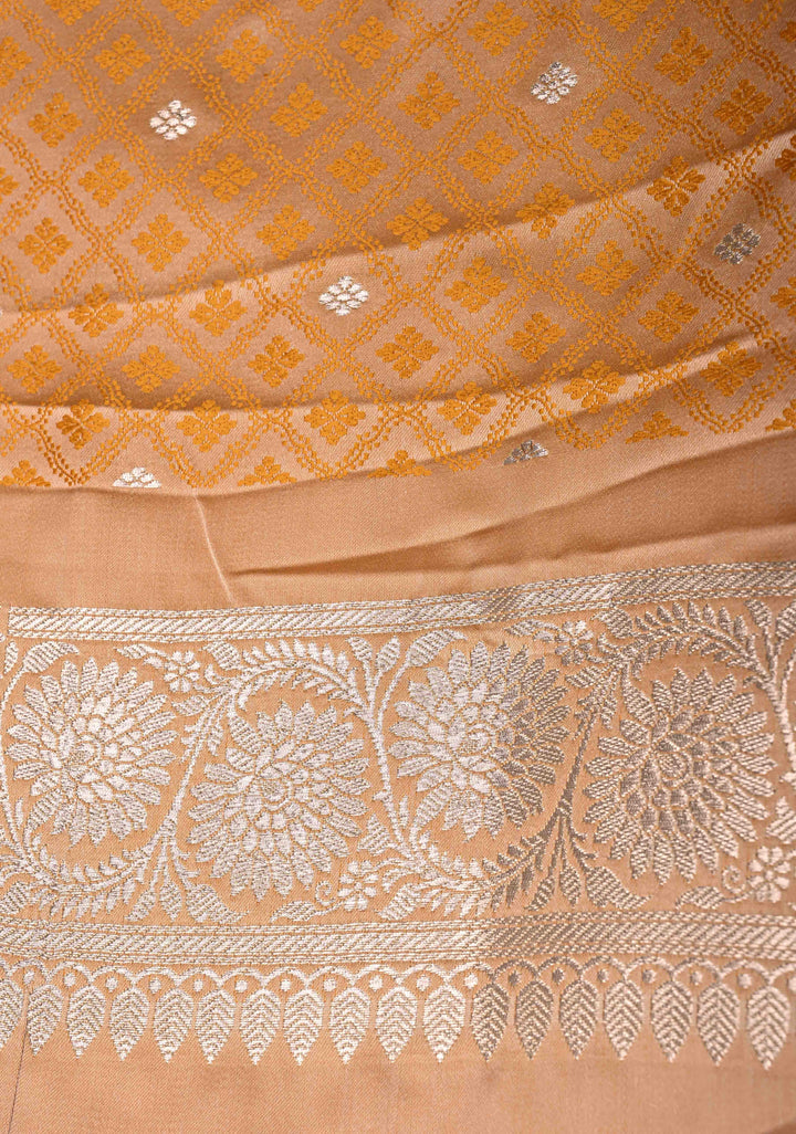Apricot Banarasi Semi Mashru Silk Saree with Floral Jaal and Zari Border