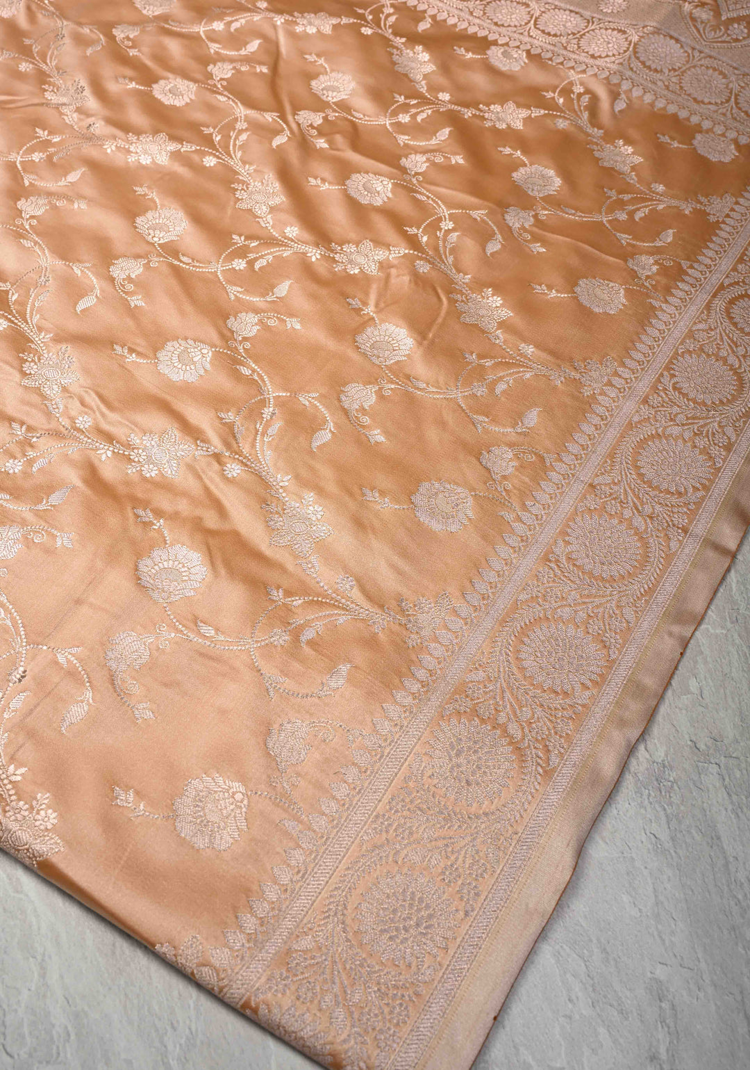 Apricot Banarasi Semi Mashru Silk Saree with Floral Jaal and Zari Border