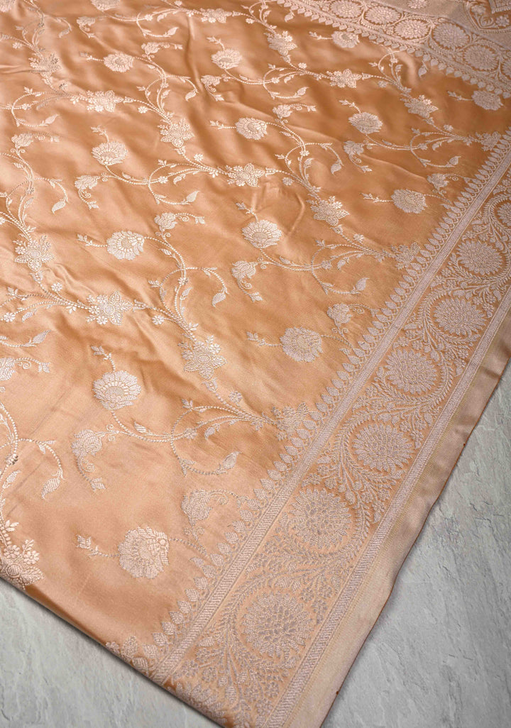 Apricot Banarasi Semi Mashru Silk Saree with Floral Jaal and Zari Border