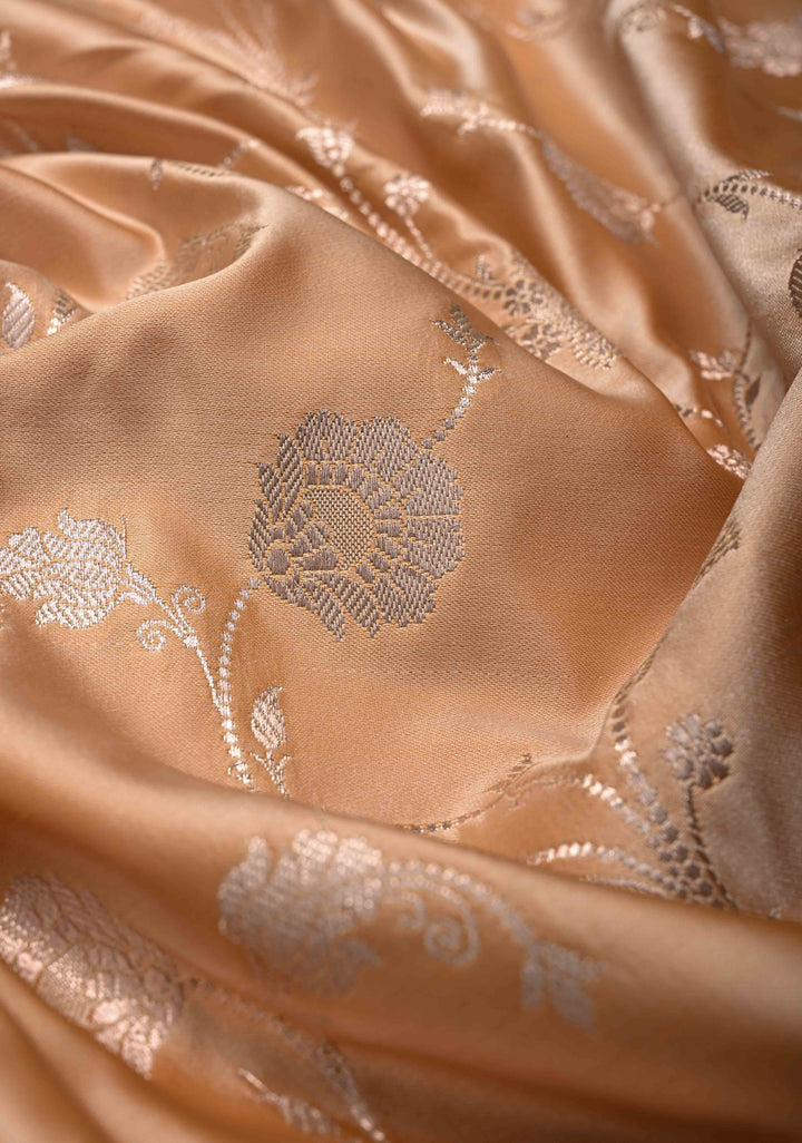 Apricot Banarasi Semi Mashru Silk Saree with Floral Jaal and Zari Border