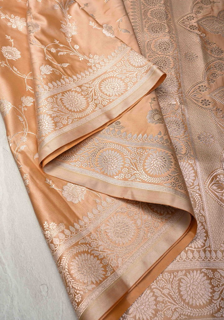 Apricot Banarasi Semi Mashru Silk Saree with Floral Jaal and Zari Border