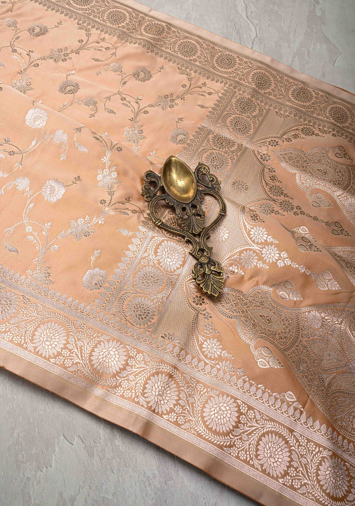 Apricot Banarasi Semi Mashru Silk Saree with Floral Jaal and Zari Border