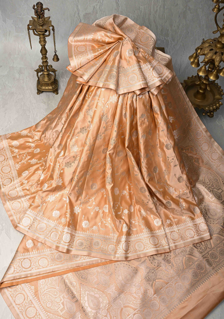 Apricot Banarasi Semi Mashru Silk Saree with Floral Jaal and Zari Border