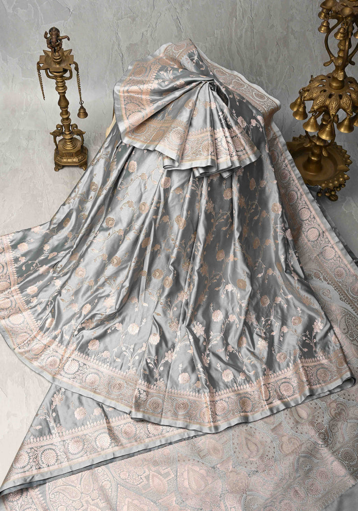 Gray Banarasi Semi Mashru Silk Saree with Floral Jaal and Zari Border