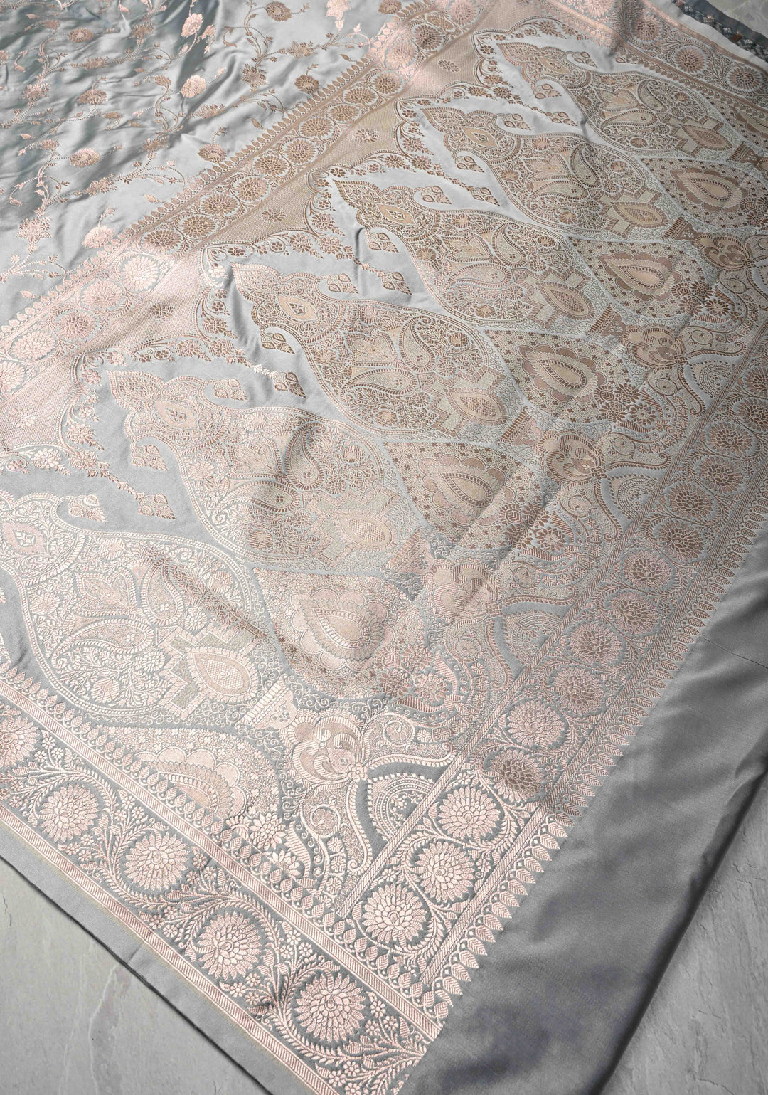 Gray Banarasi Semi Mashru Silk Saree with Floral Jaal and Zari Border